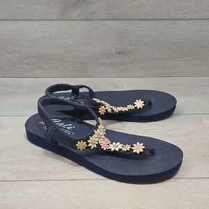 Cali Skechers Yoga Foam Women's Blue Sandals with Floral Accents Shoes Sz 9
